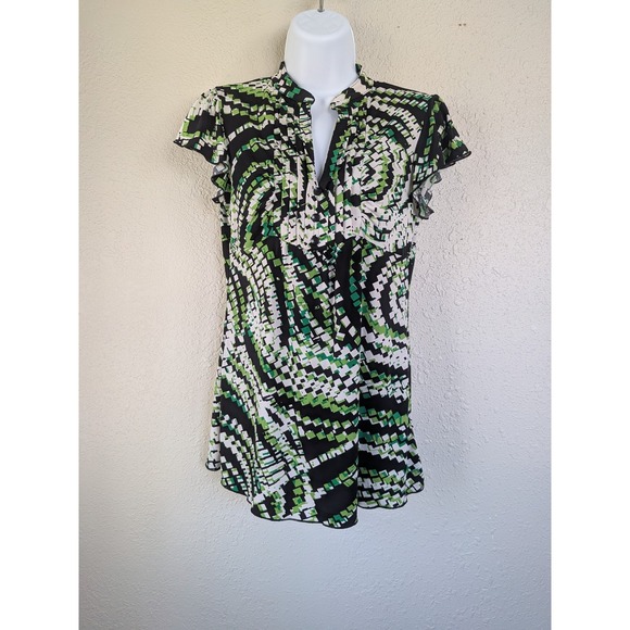 Maurices Babydoll Womens Small Green Black Geometric Ruffle Sleeve Stretch y2k - Picture 9 of 10